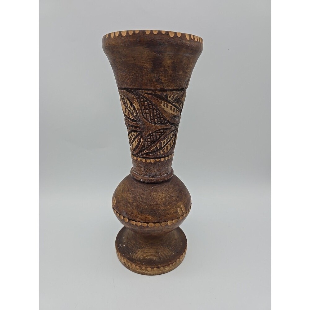 VTG Wood Vase BOHO Home Decor Hand Spun Carved Wooden Flower Vase